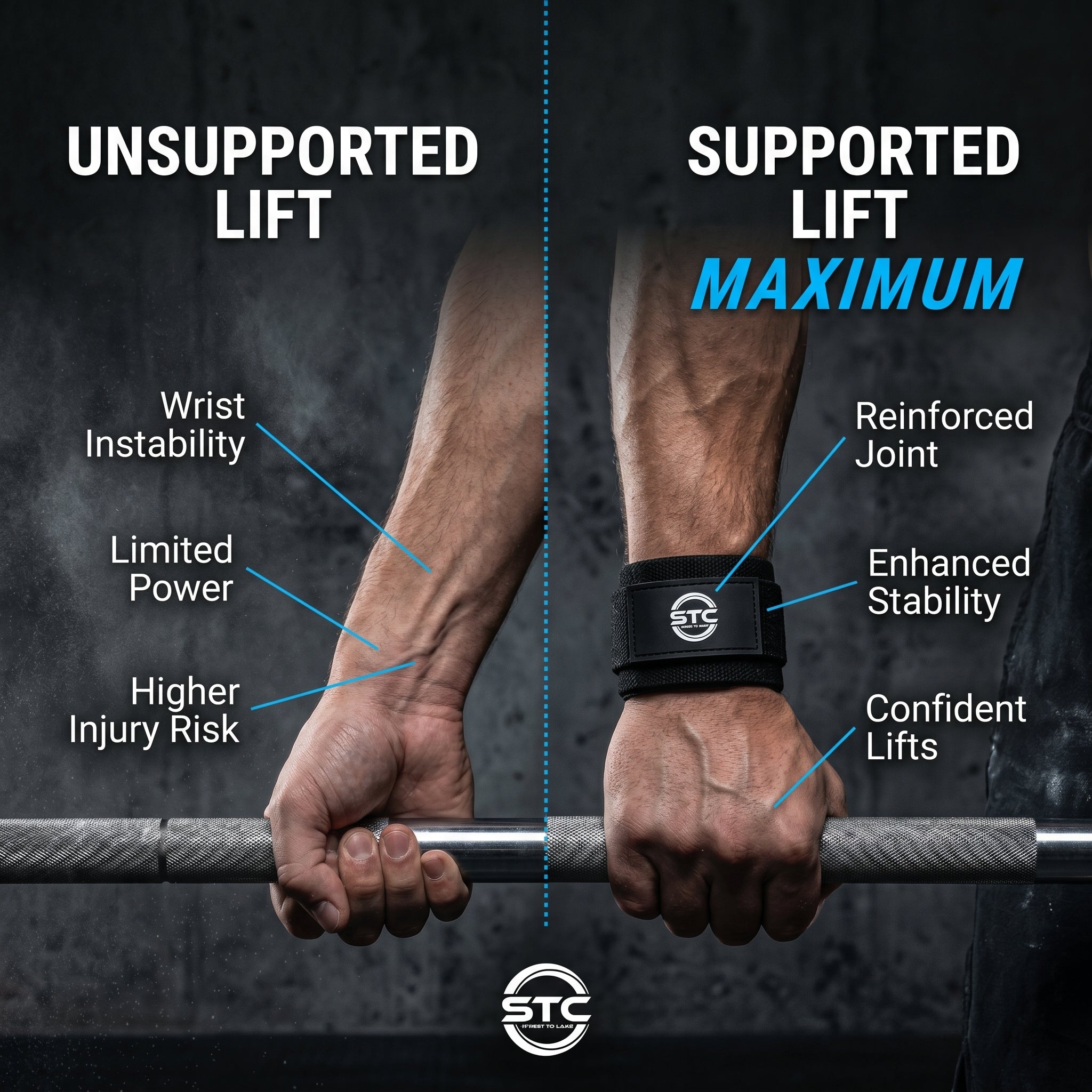 STC Gym Training Wrist Wraps Black Weight Lifting Wrist Support Straps