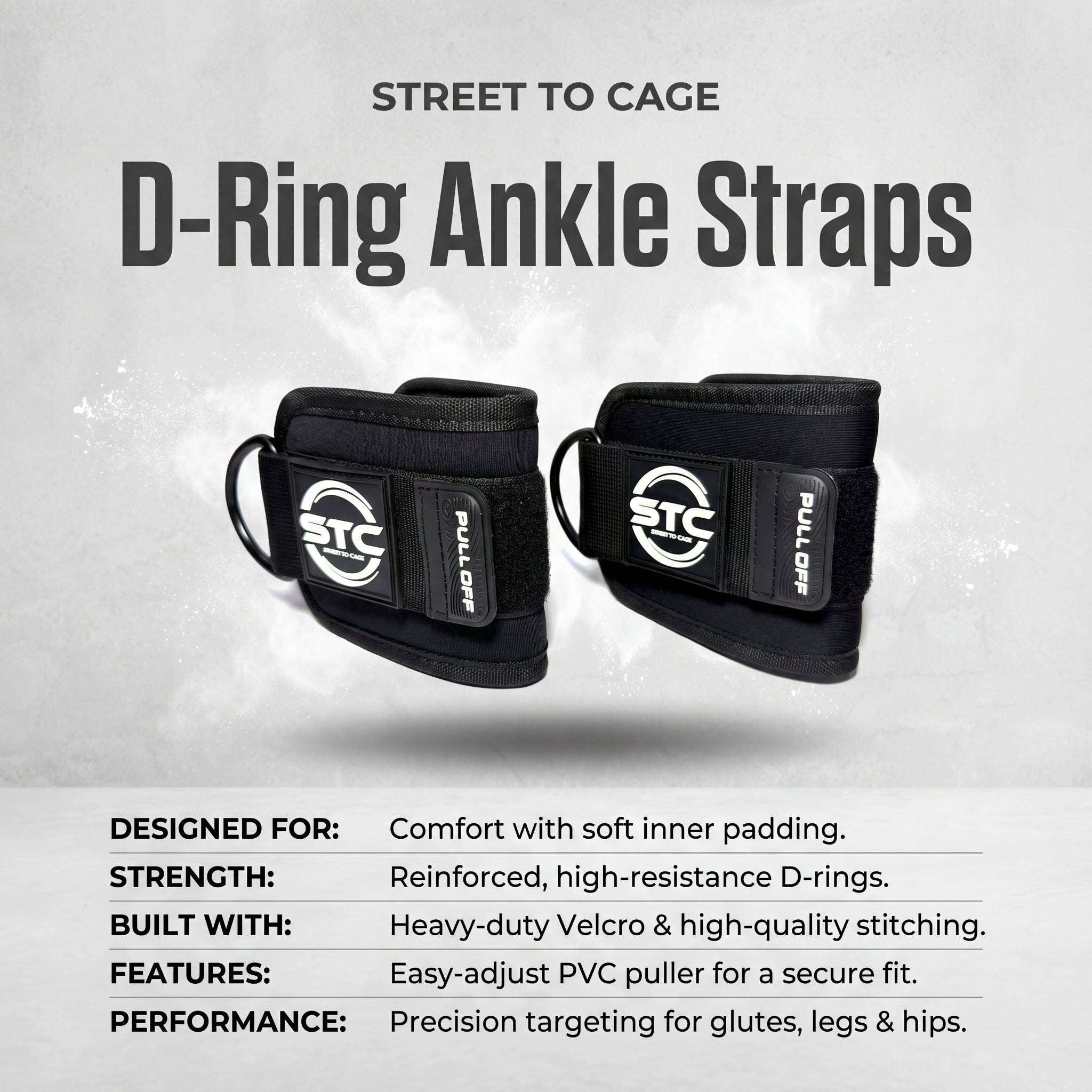 STC D-Ring Ankle Straps Pair – Weight Lifting Cable Attachment (Neoprene, Black)